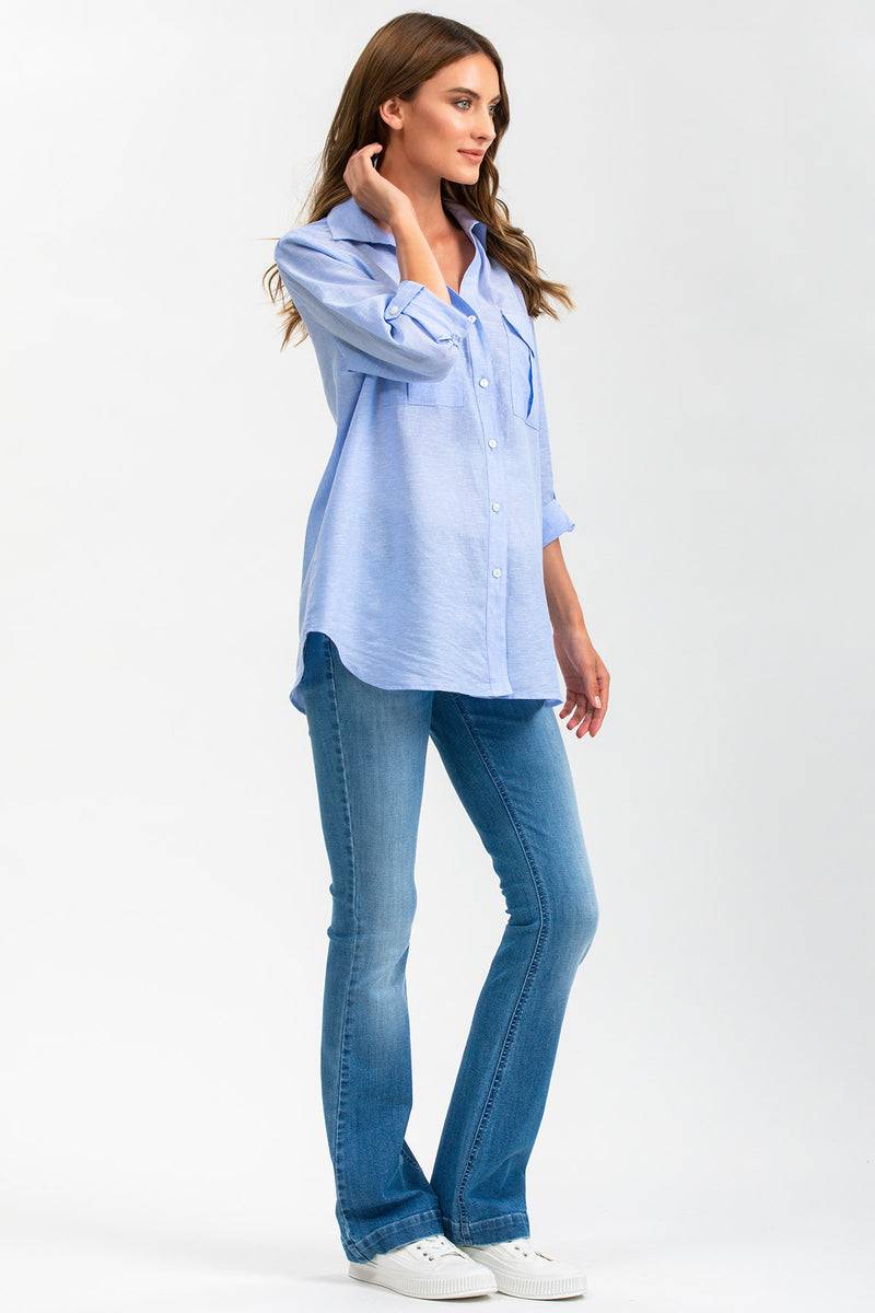 Pietro Brunelli SAFARI POCKET | Camicia Utility Premaman in Lino Blu Sconto