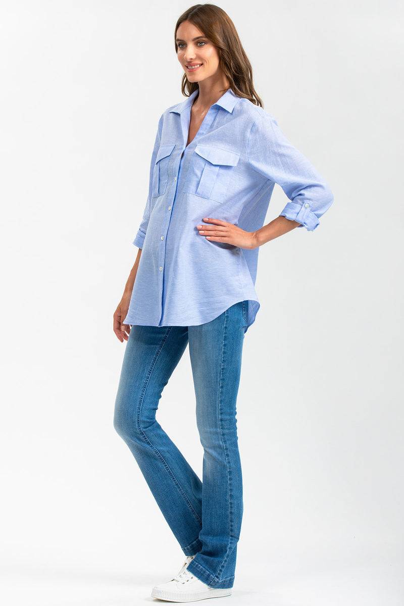 Pietro Brunelli SAFARI POCKET | Camicia Utility Premaman in Lino Blu Sconto