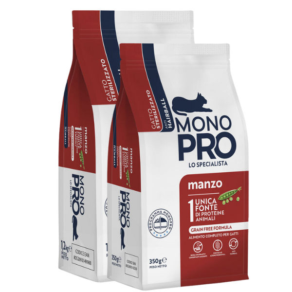 Bauzaar Monopro lo specialista Cat Adult Sterilised Grain Free Anti Hairball Manzo
