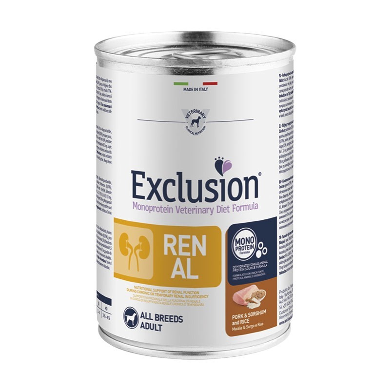 Exclusion Diet Renal Maiale Sorgo e Riso All Breeds Adult Umido per Cani Sostegno trimestrale