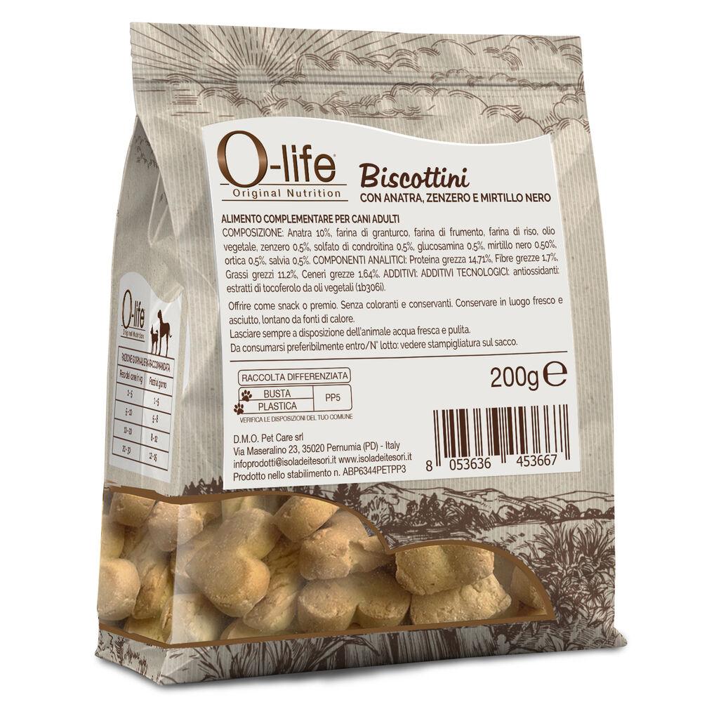 O-life Dog Adult Biscottini con Anatra zenzero e mirtilli nero 200gr 000134206 Soddisfazione Garantita