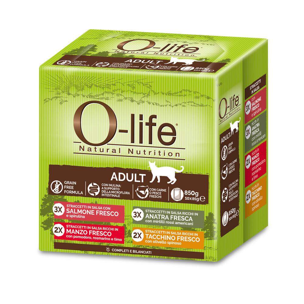 O-life Cat Adult Multibox Straccetti in salsa Salmone Manzo Anatra e Tacchino 85grx10 pz 000143634 Sottocosto