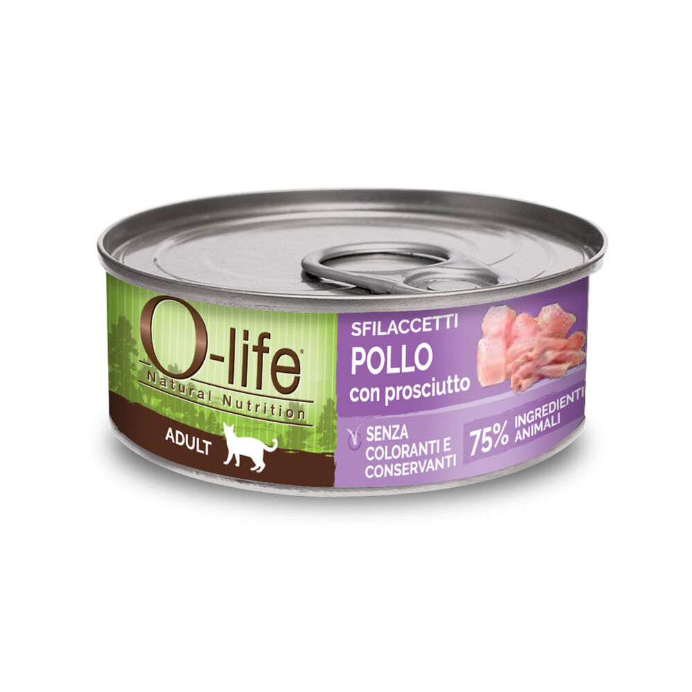 O-life Cat Adult Sfilaccetti Pollo con Prosciutto 70 gr 000143518 Vendita calda