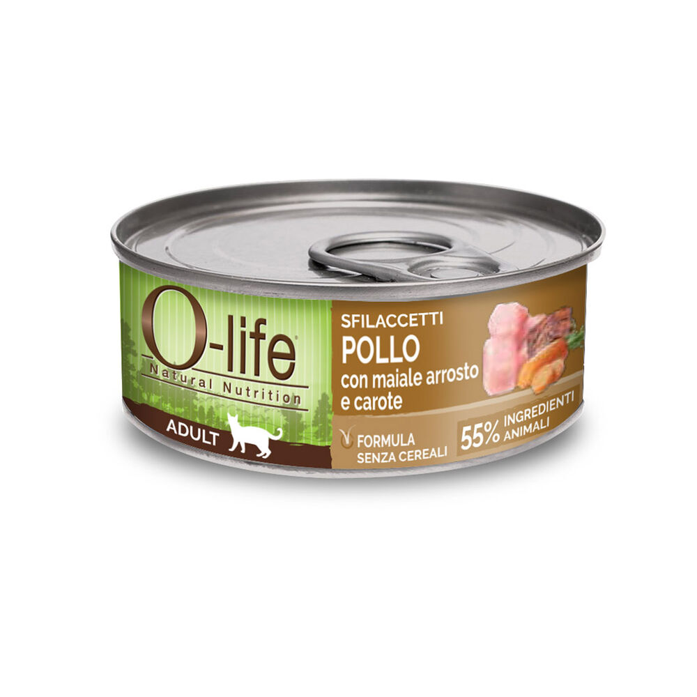 O-life Cat Adult Sfilaccetti di Pollo con Maiale Arrosto e Carote 70 gr 000143509 Only for today