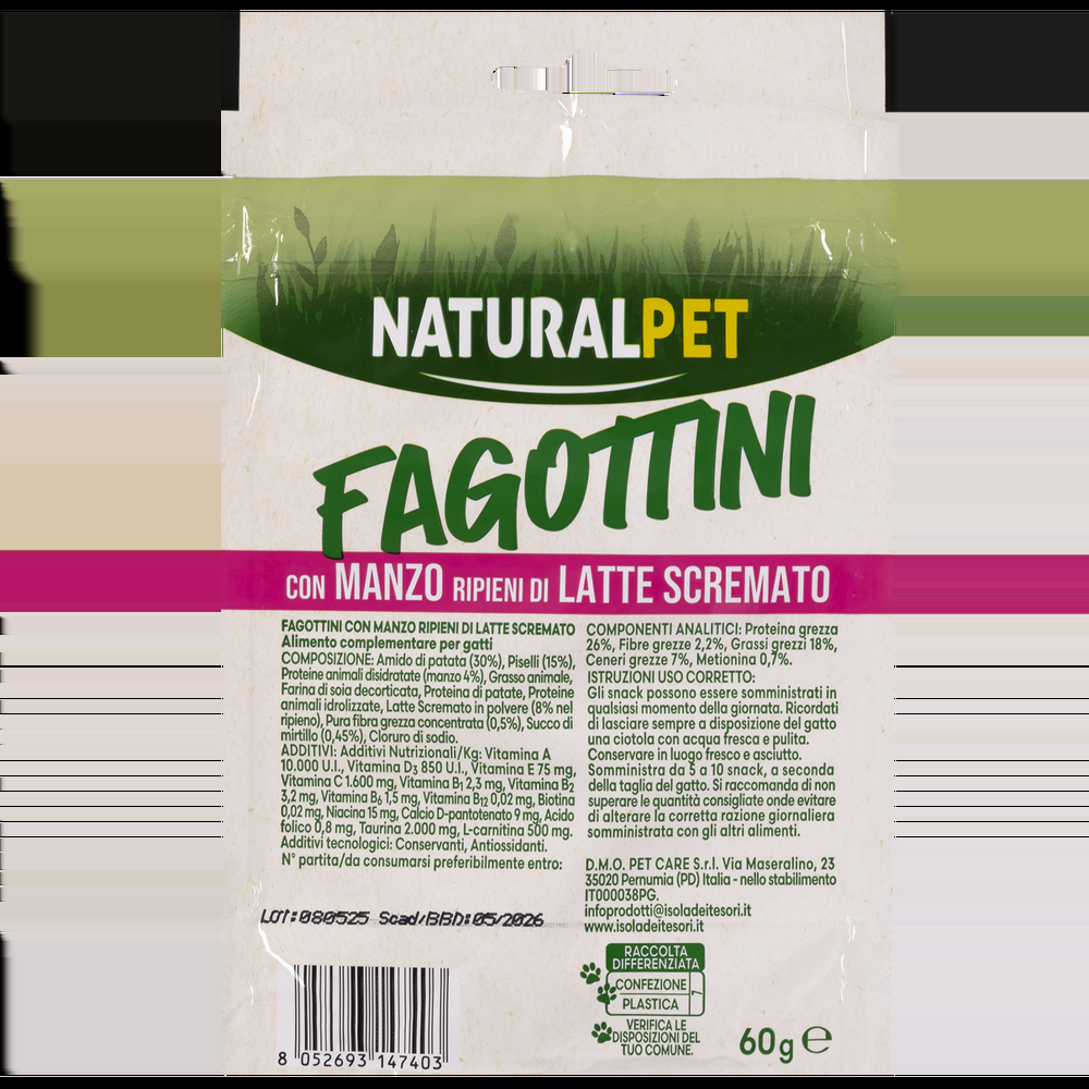 Naturalpet Snack Cat Sterilised Fagottini con Manzo ripieni di Latte scremato 60gr 000150178 Sottocosto