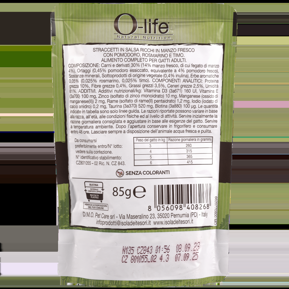 O-life Cat Adult Straccetti in salsa ricchi in Manzo fresco pomodoro rosmarino e timo 85 gr 000143625 Saldi Di Fabbrica