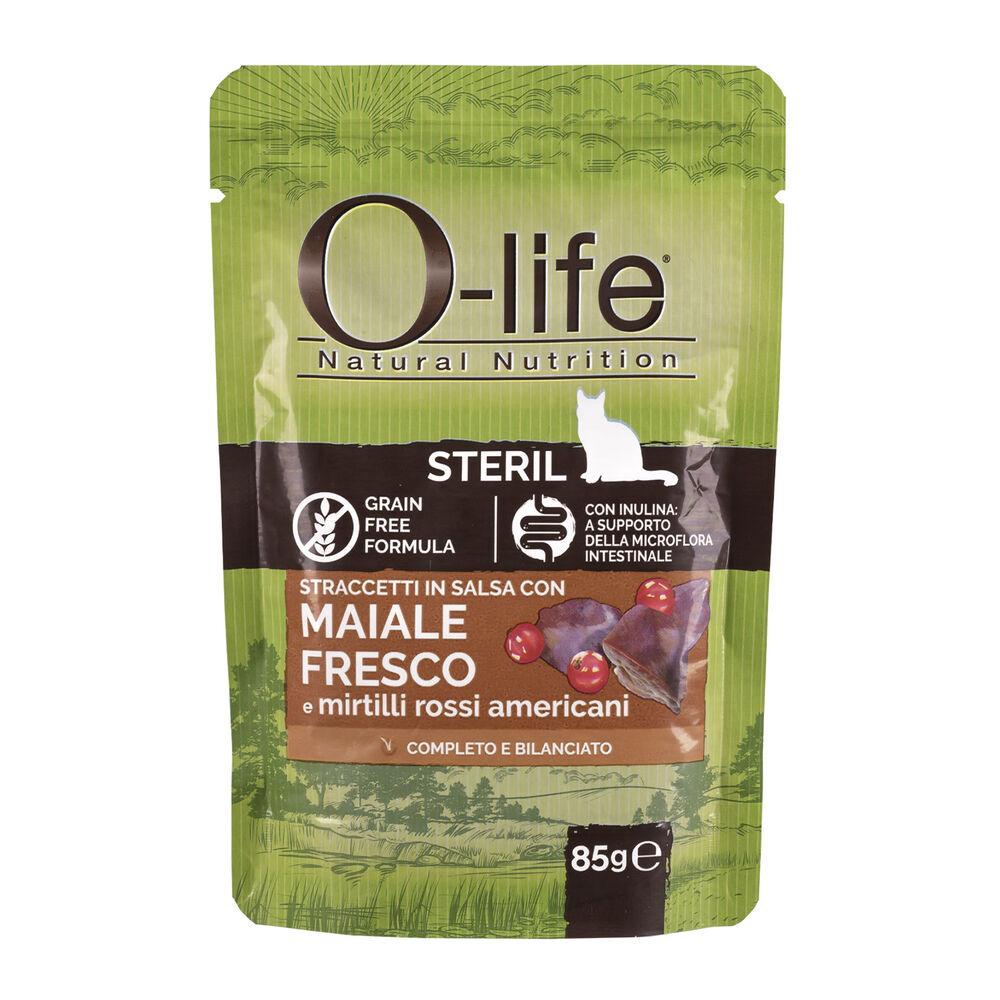 O-life Cat Adult Sterilised Straccetti in salsa con Maiale fresco e Mirtilli rossi americani 85 gr 000143622 Rilascio limitato