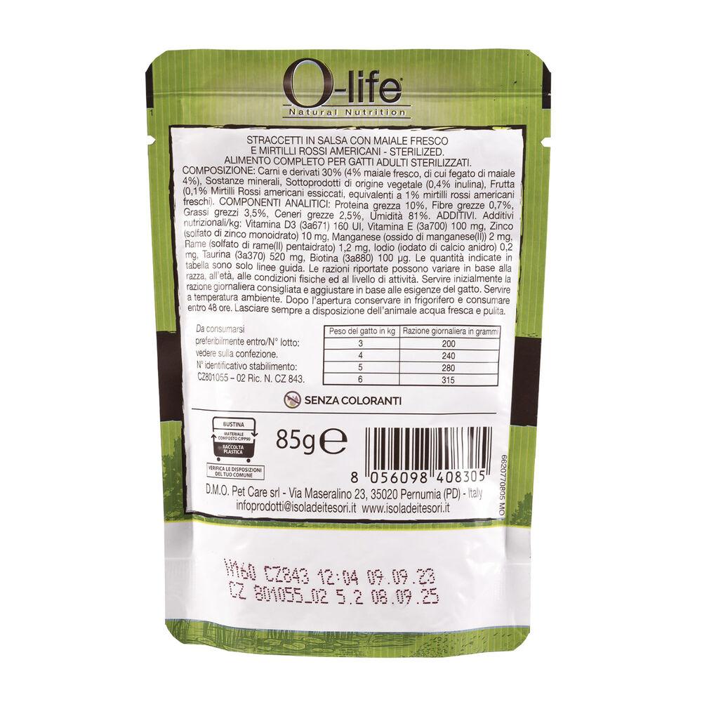 O-life Cat Adult Sterilised Straccetti in salsa con Maiale fresco e Mirtilli rossi americani 85 gr 000143622 Rilascio limitato